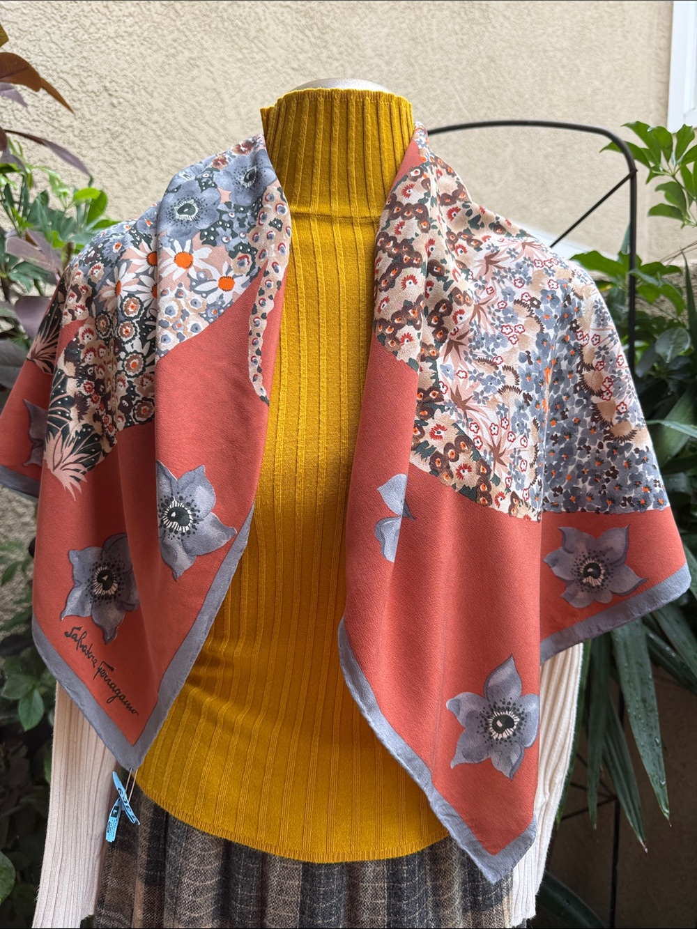 Vintage Salvatore Ferragamo Floral Pattern Dusty Coral/Gray Silk Scarf